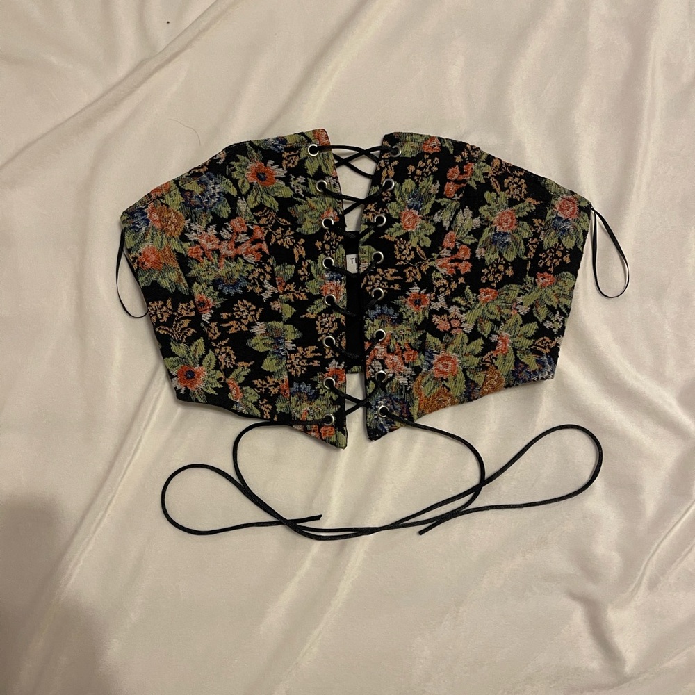 Floral Lace-Up vtg Corset Top - Black(measurements shown)